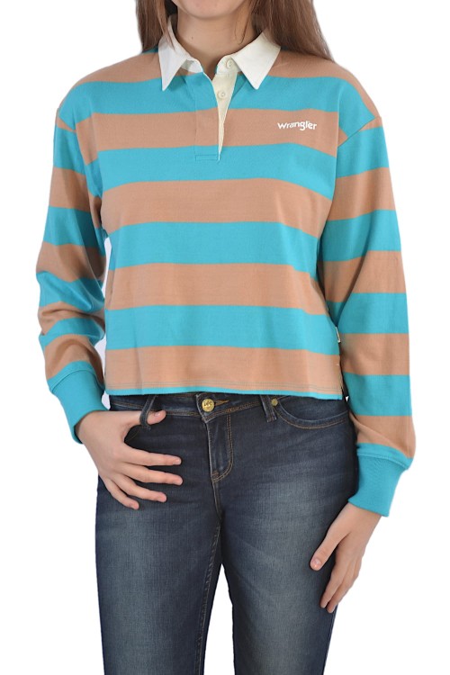WRANGLER LS CROPPED POLO CARRIBEAN SEA POLÓWKA KOSZULKA DAMSKA Z DŁUGIM RĘKAWEM