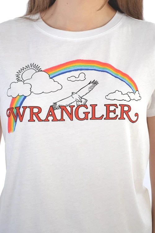 WRANGLER RAINBOW REGULAR TRUE WHITE NADRUK T-SHIRT DAMSKI - zbliżenie na materiał