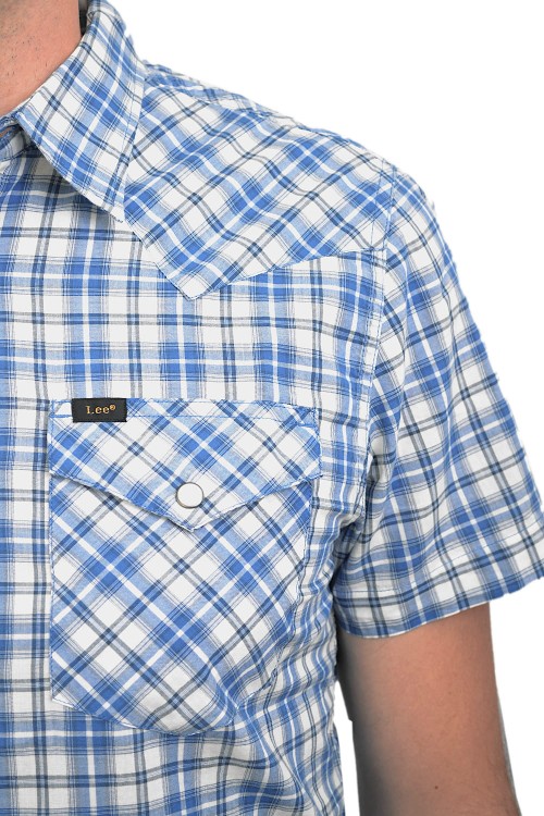 Lee Western Shirt Deep Indigo koszula męska z krótkim rękawem w kratkę - zbliżenie na materiał
