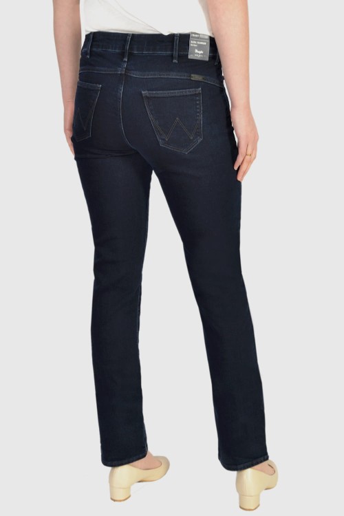 Wrangler Sara Narrow Mid Waist Moonlight jeansy damskie proste granatowe - widok z tyłu
