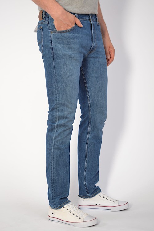Lee Rider Slim Moody Blue Used jeansy męskie zwężane - widok z boku