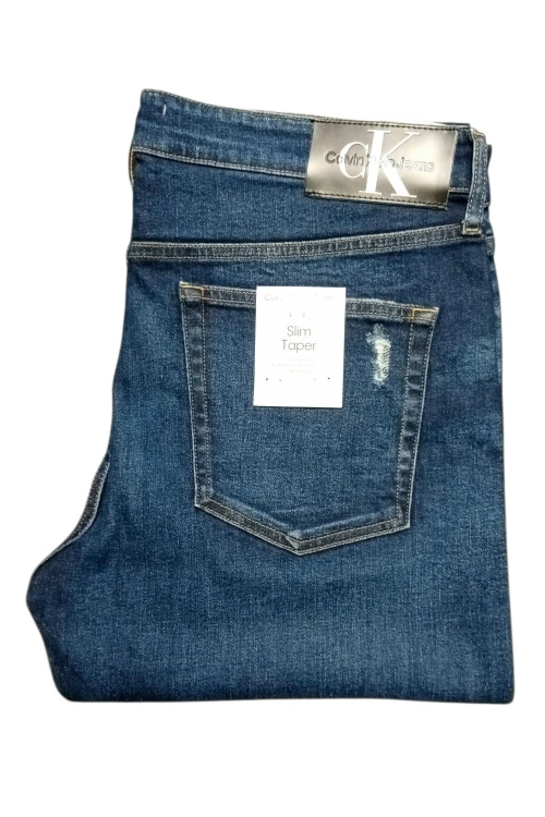 Calvin Klein Slim Taper Denim Dark jeansy męskie zwężane z przetarciami