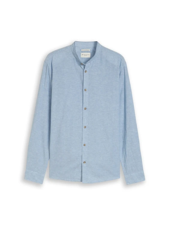 Niebieska koszula męska na stójce bawełniano-lniana Tom Tailor Regular Cotton Linen Shirt- ułożona na płasko