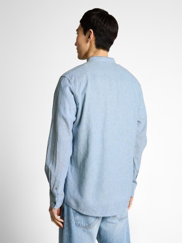 Niebieska koszula męska na stójce bawełniano-lniana Tom Tailor Regular Cotton Linen Shirt - widok z tyłu