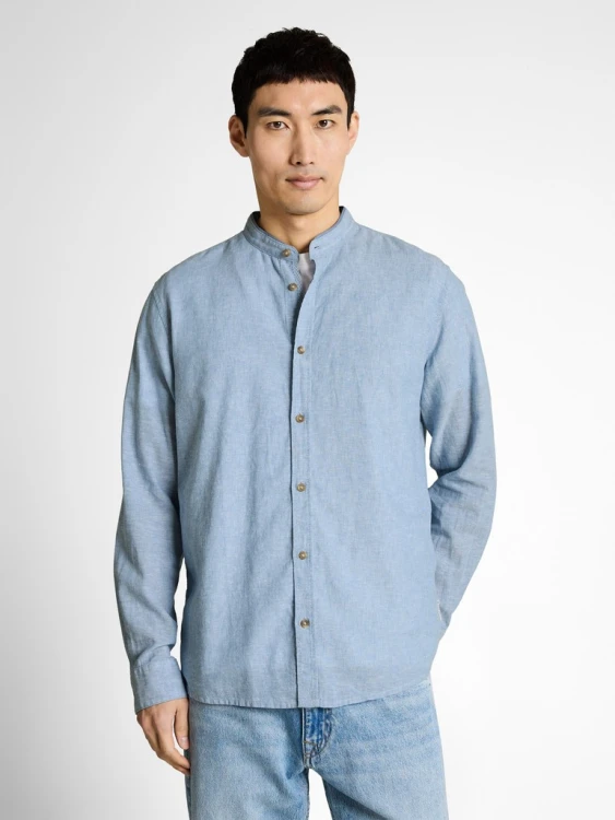 Niebieska koszula męska na stójce bawełniano-lniana Tom Tailor Regular Cotton Linen Shirt