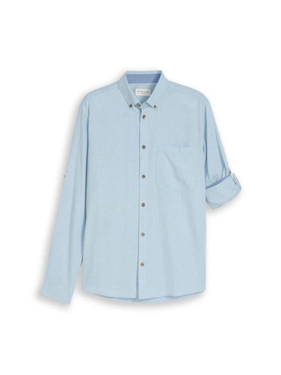 Koszula męska błękitna z długim rękawem Tom Tailor Structured Shirt Regular - rozłożona na płasko