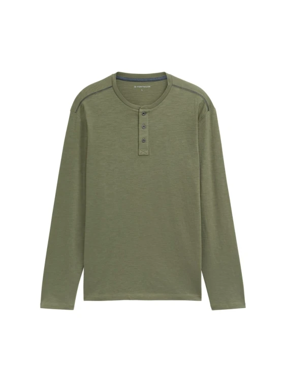 Koszulka z długim rękawem męska zielona Tom Tailor Long-sleeved cotton Henley - rozłożona na płasko