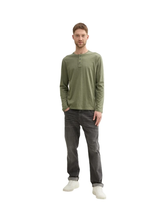 Koszulka z długim rękawem męska zielona Tom Tailor Long-sleeved cotton Henley - widoczny cały model