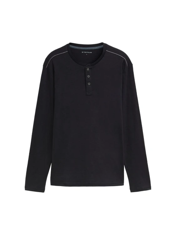 Koszulka z długim rękawem męska czarna Tom Tailor Long-sleeved cotton Henley - rozłożona na płasko